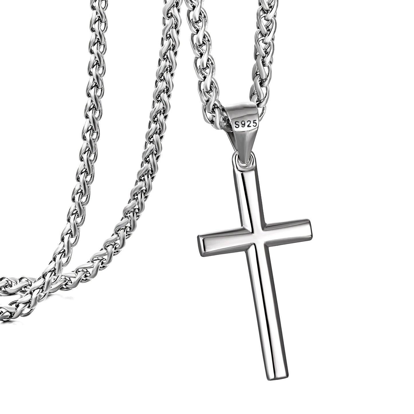 925 Sterling Silver Cross Necklace Wheat Chain N01823