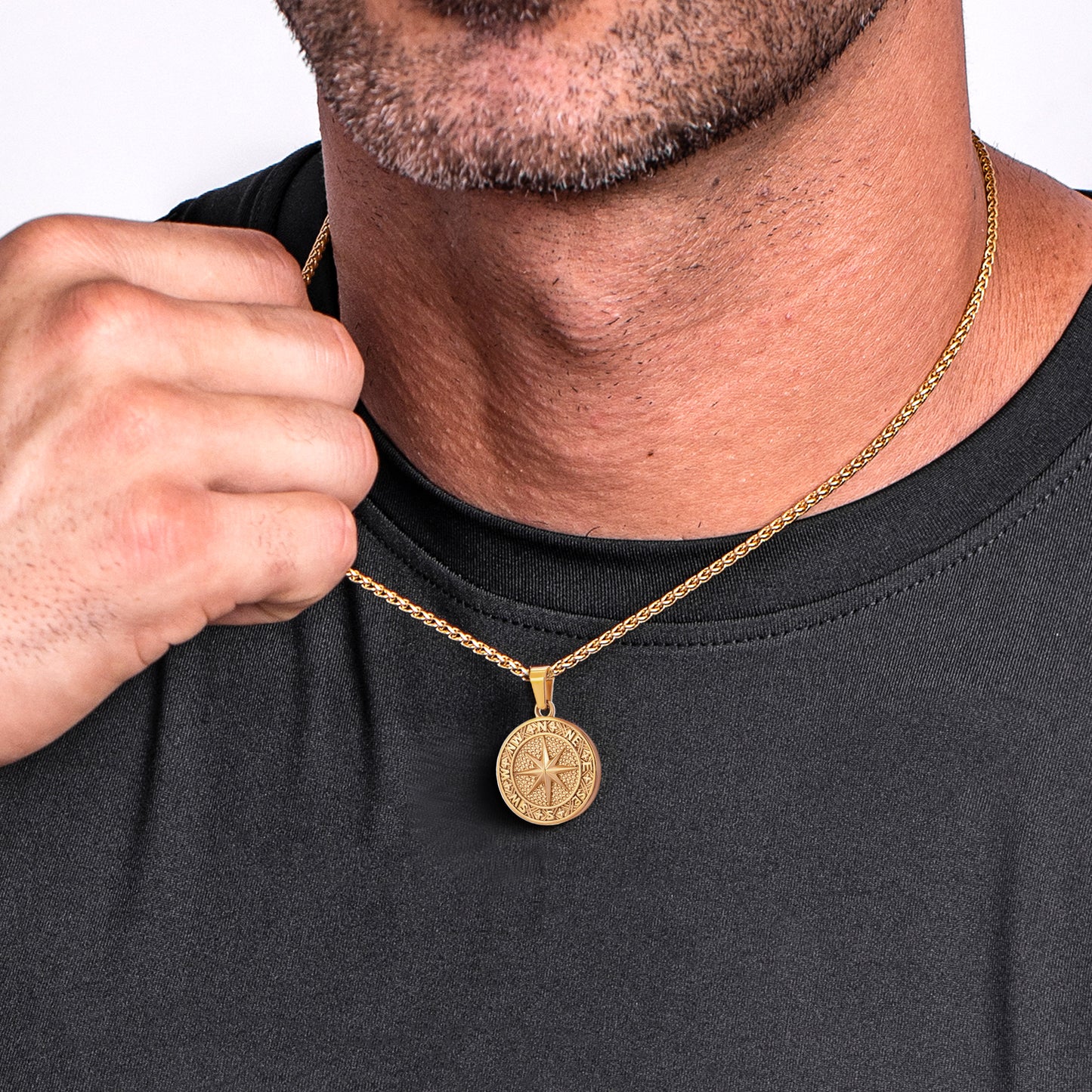 Gold Compass Necklace Wheat Chain N02168