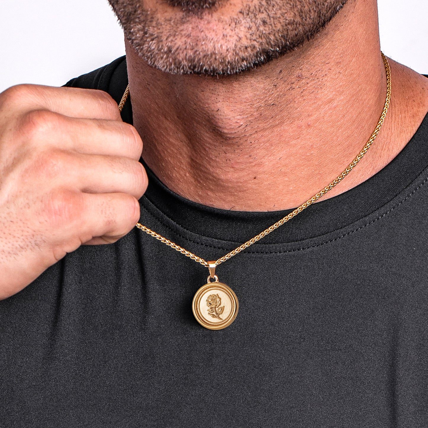 Gold Rose Pendant Necklace Wheat Chain N01544