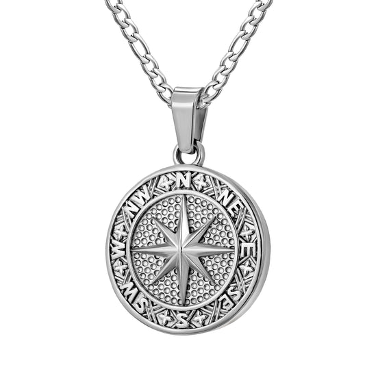 Silver  Compass Pendant Necklace Figaro Chain N02135