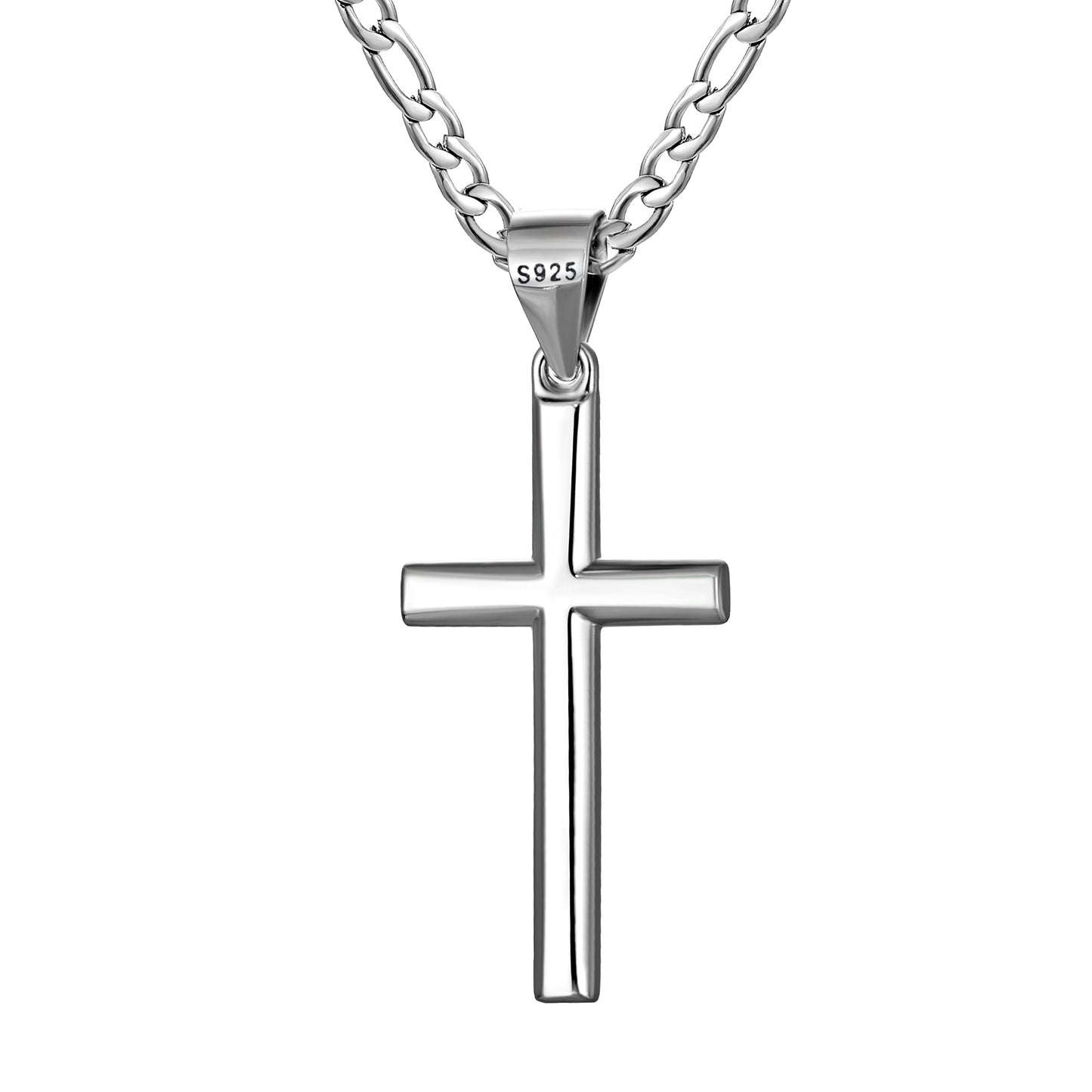 925 Sterling Silver Cross Necklace Figaro Chain N01824