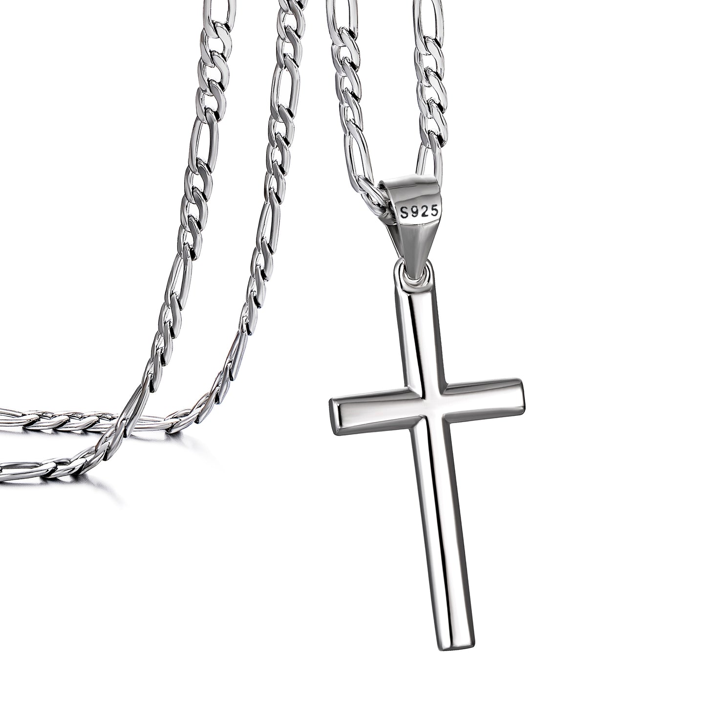 925 Sterling Silver Cross Necklace Figaro Chain N01824