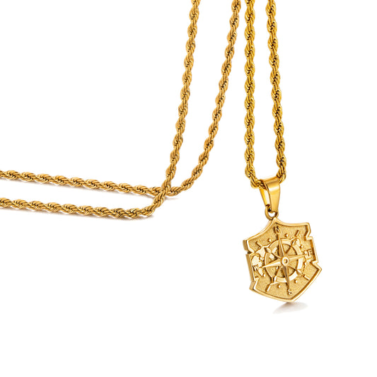 Gold Shield Compass Pendant Necklace Twisted Rope Chain N00398