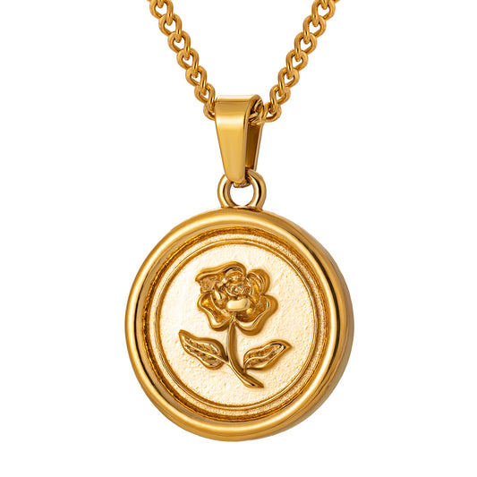 Gold Rose Pendant Necklace Curb Chain N00854