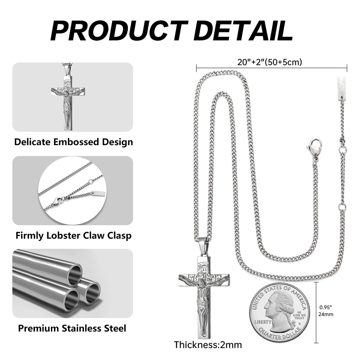 Cross Necklace for Men Women, Stainless Steel Crucifix Cross with Curb Chain Wheat Chain, Religious Faith Jewelry, Gift for Family