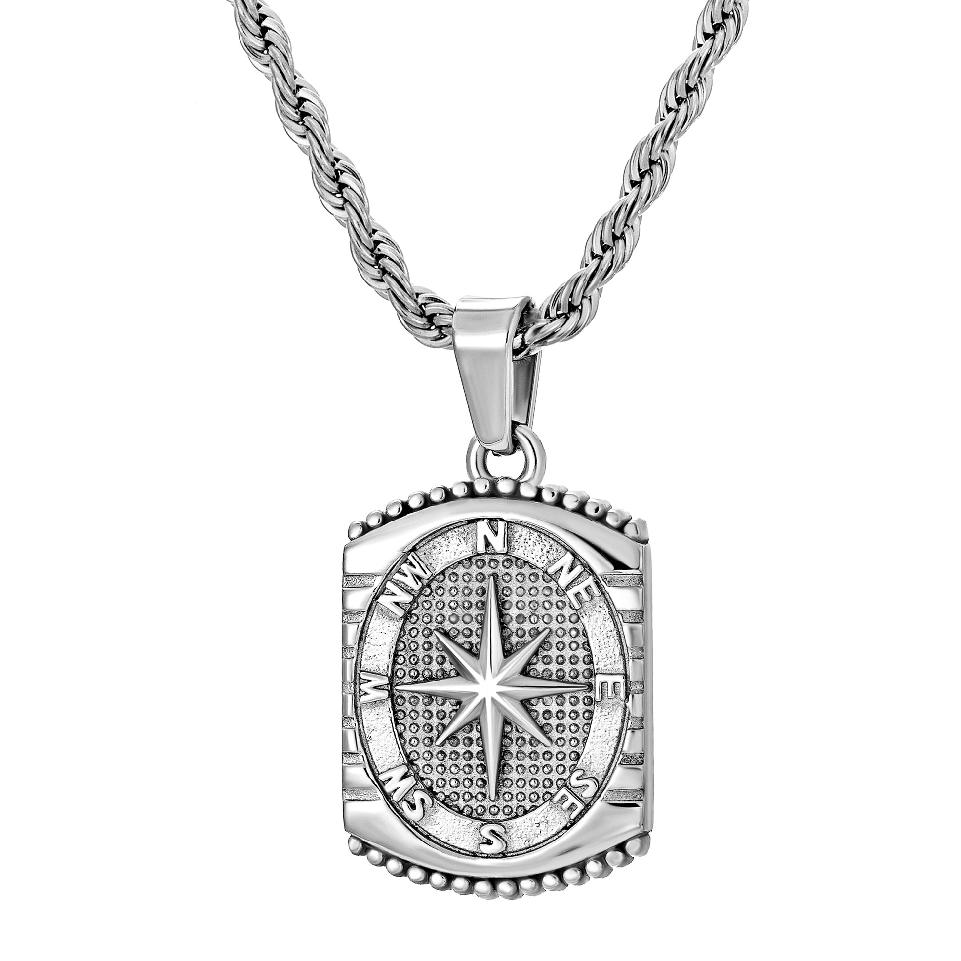 Silver Rectangle Compass Pendant Necklace Twisted Rope Chain