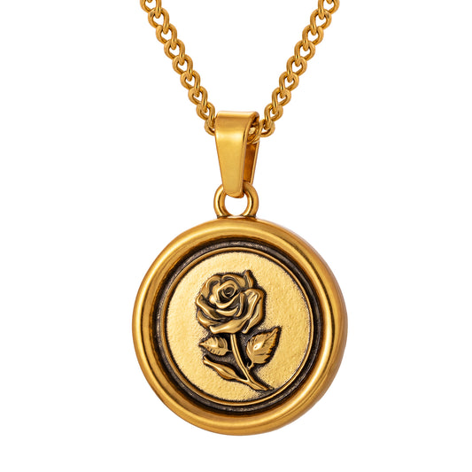 Antique Gold Rose Pendant Necklace Curb Chain N01555