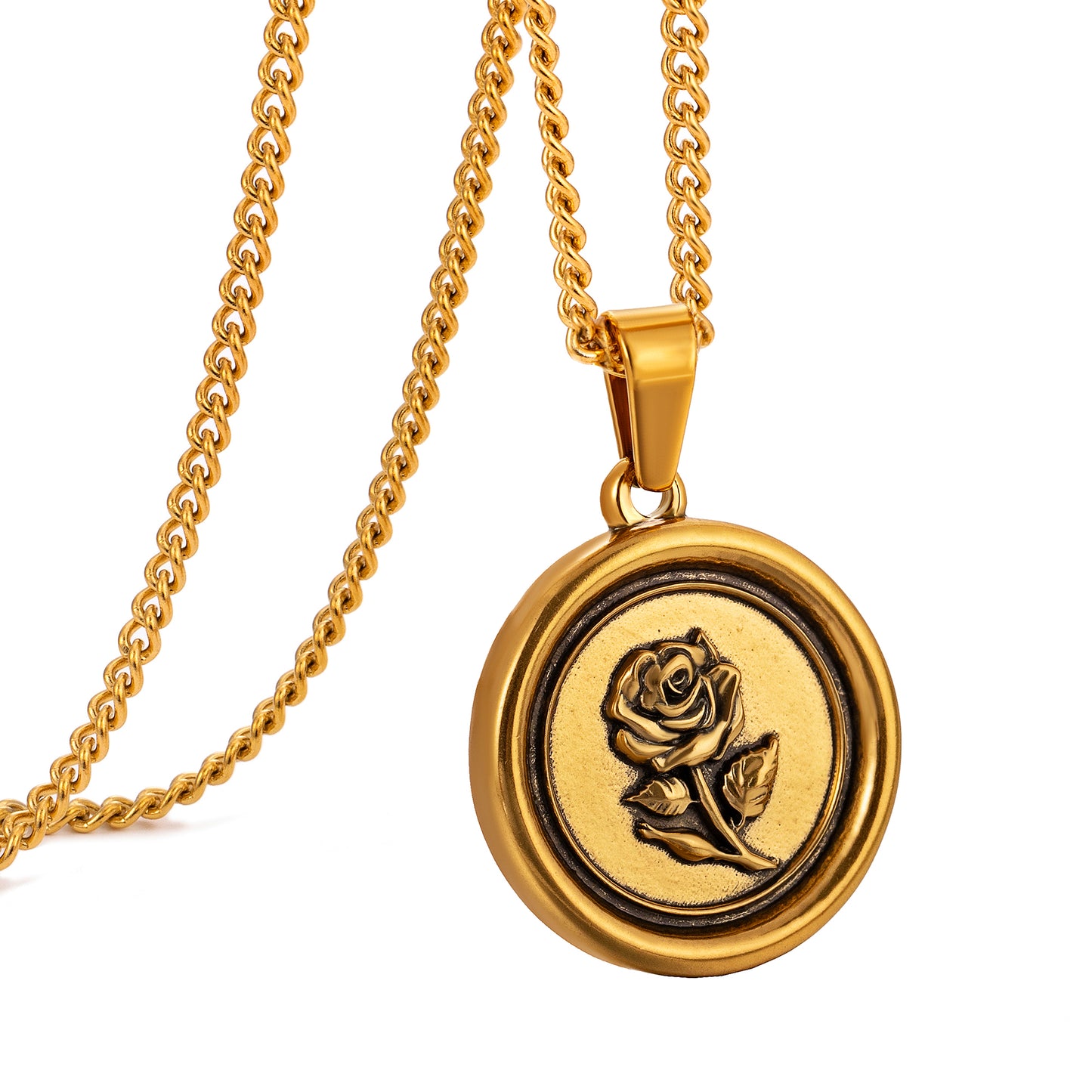 Antique Gold Rose Pendant Necklace Curb Chain N01555