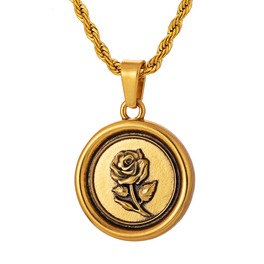 Antique Gold Rose Pendant Necklace Twisted Rope Chain N01560