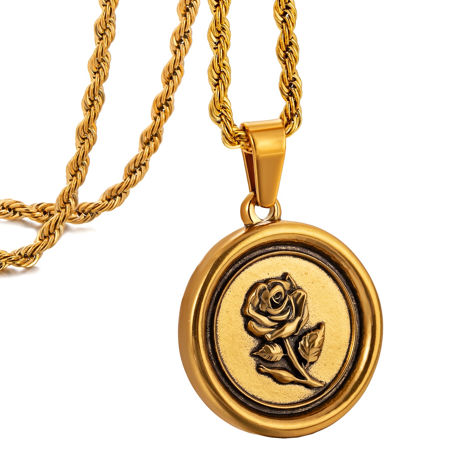 Antique Gold Rose Pendant Necklace Twisted Rope Chain N01560