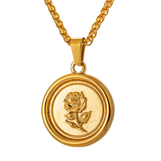Gold Rose Pendant Necklace Wheat Chain N01544