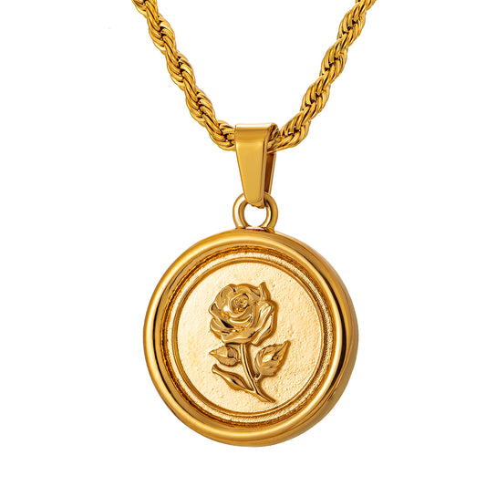Gold Rose Pendant Necklace Twisted Rope Chain N01543