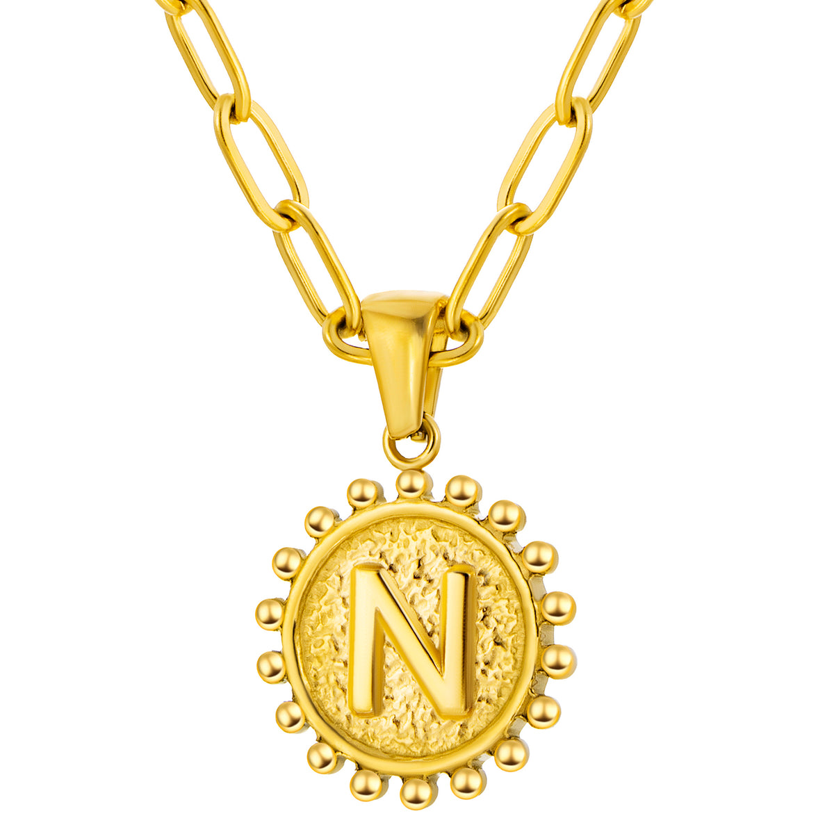 Initial Necklace for Women, Round Coin Letter Pendant, Textured Medallion Charm, Paperclip Chain Jewelry for Daily Wear
