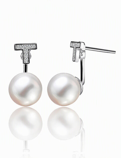 T Bar Pearl Ear Jacket Earrings for Women, Geometric Front Back Statement Studs, Everyday Office Party Jewelry