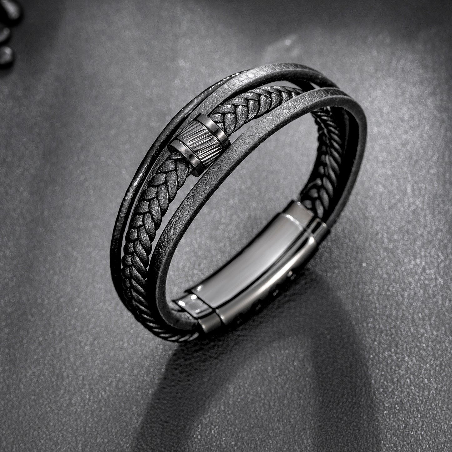 Mens Bracelet Adjustable Clasp Cuff Multi Strand Wristband Leather Bracelet for Daily Wear Minimalist Style Gift for Him