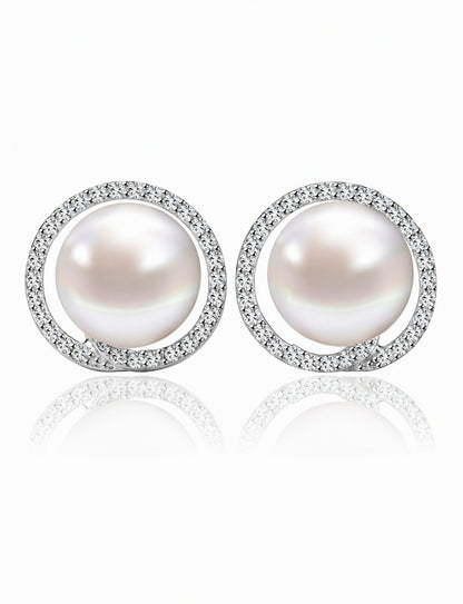 Freshwater Pearl Stud Earrings for Women, Open Circle Geometric Statement Earrings, Wedding Office Party Jewelry