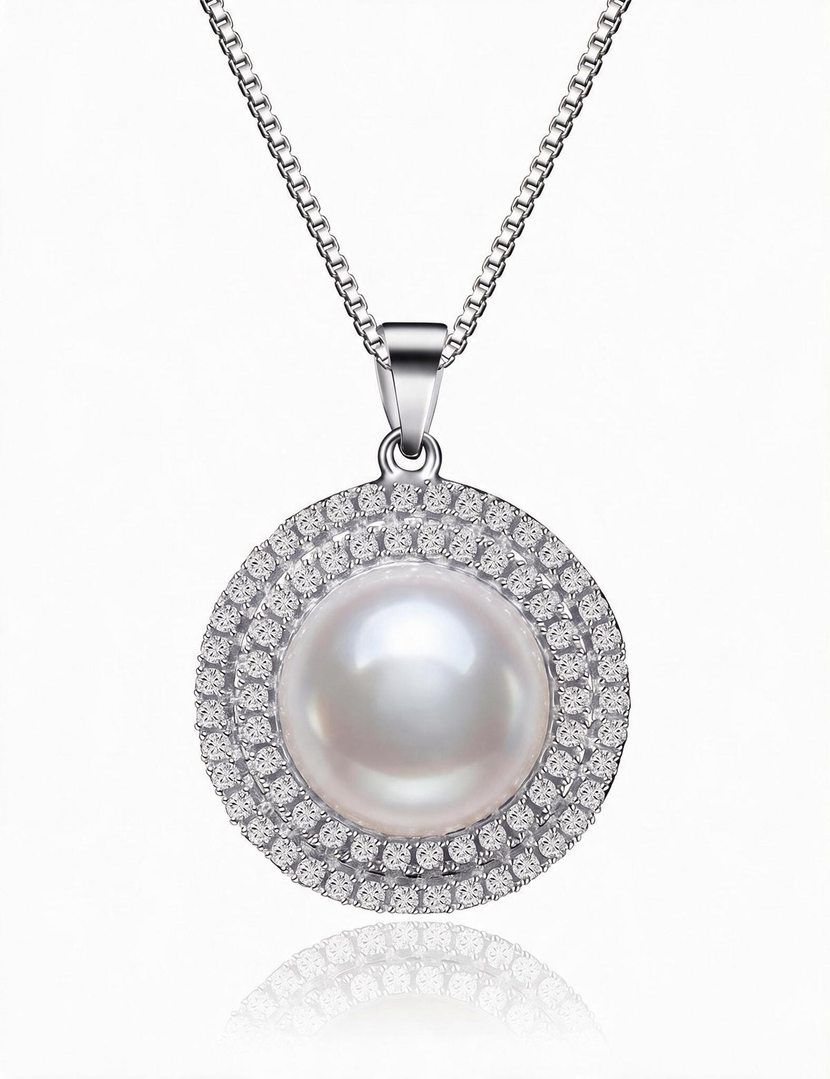Freshwater Pearl Necklace for Women, Double Halo Round Pearl Pendant with Pave Stone Accents, Everyday Fashion Jewelry