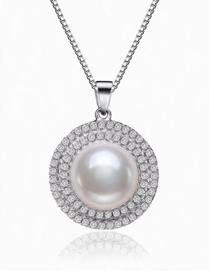 Freshwater Pearl Necklace for Women, Double Halo Round Pearl Pendant with Pave Stone Accents, Everyday Fashion Jewelry