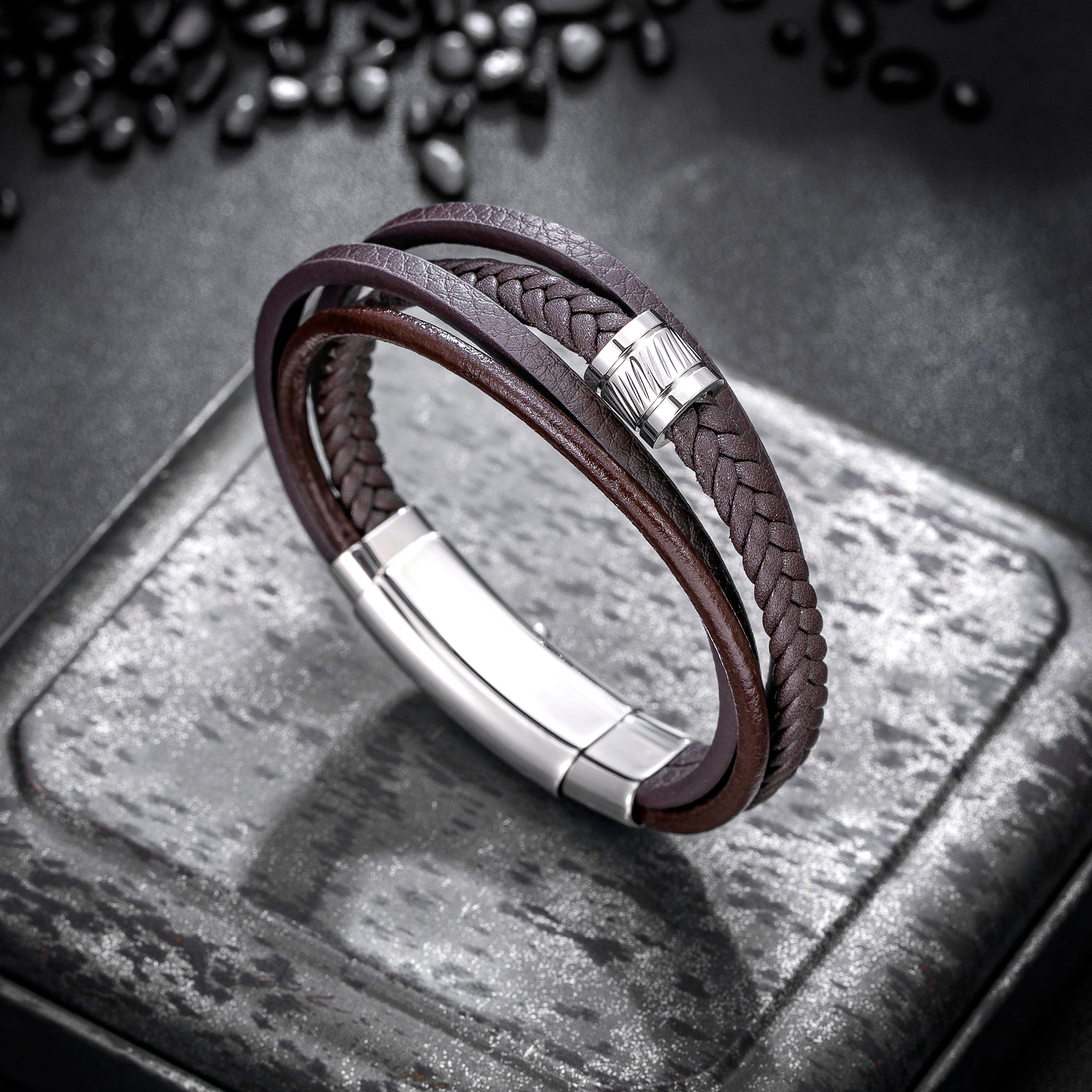 Mens Bracelet Adjustable Clasp Cuff Multi Strand Wristband Leather