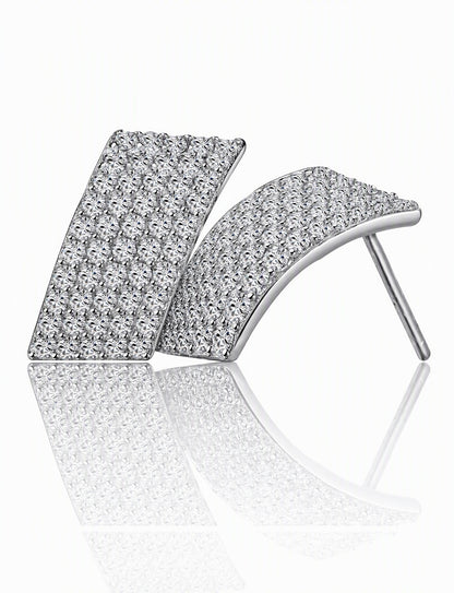 Rectangle Stud Earrings for Women, Curved Geometric Pavé Style Statement Studs, Everyday Office Party Jewelry