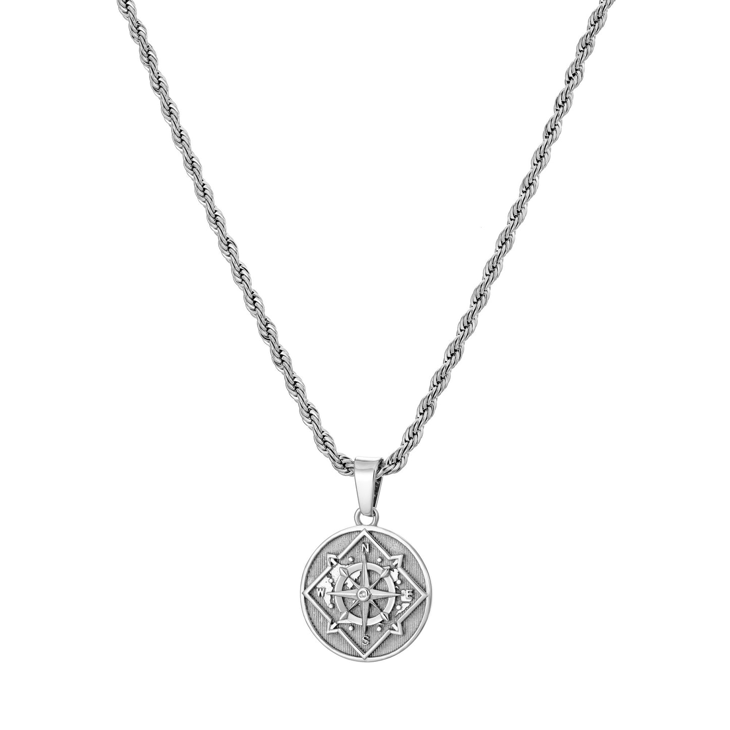 Silver Coin Compass Pendant Necklace Twisted Rope Chain N00378