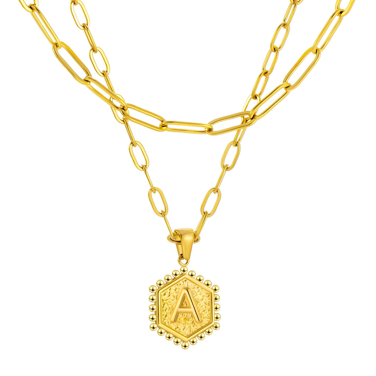 Initial Necklace for Women, Hexagon Letter Pendant, Paperclip Chain, Alphabet A to Z, Geometric Charm Jewelry