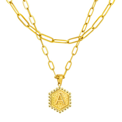 Initial Necklace for Women, Hexagon Letter Pendant, Paperclip Chain, Alphabet A to Z, Geometric Charm Jewelry