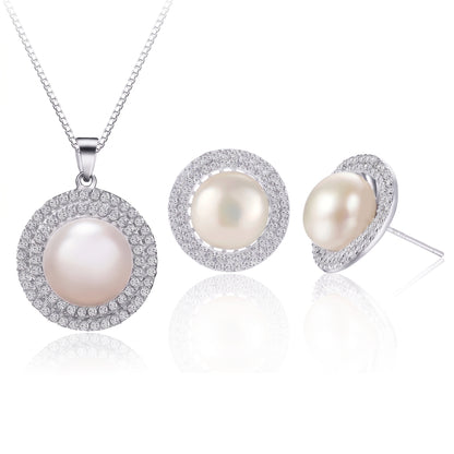 Freshwater Pearl Necklace and Earrings Set, S925 Silver Round Halo Jewelry Set for Women