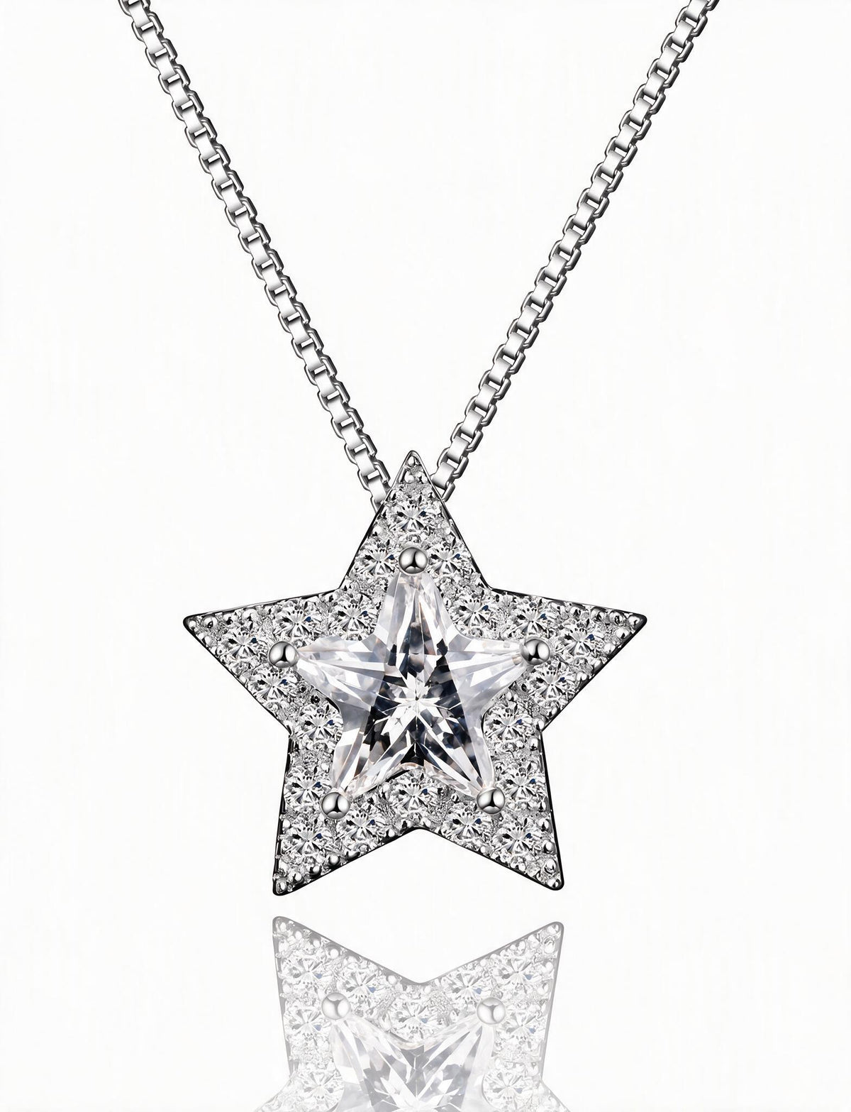 Star Necklace for Women, Five Point Star Pendant with Faceted Center Stone and Pave Halo, Celestial Everyday Jewelry