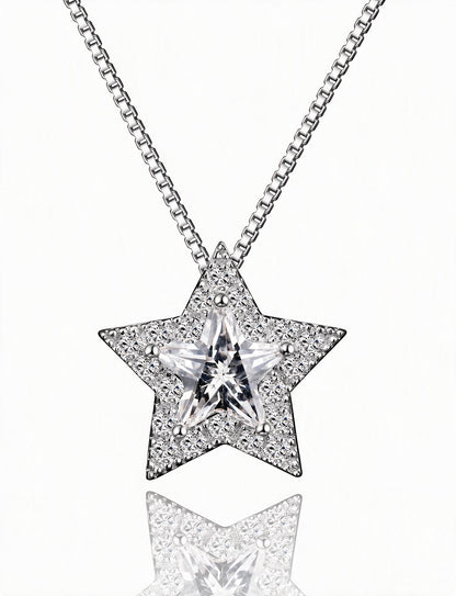 Star Necklace for Women, Five Point Star Pendant with Faceted Center Stone and Pave Halo, Celestial Everyday Jewelry