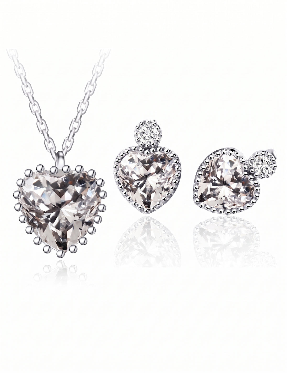Heart Jewelry Set for Women, Faceted Heart Pendant Necklace and Matching Stud Earrings, Daily Wear Accessories