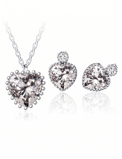 Heart Jewelry Set for Women, Faceted Heart Pendant Necklace and Matching Stud Earrings, Daily Wear Accessories