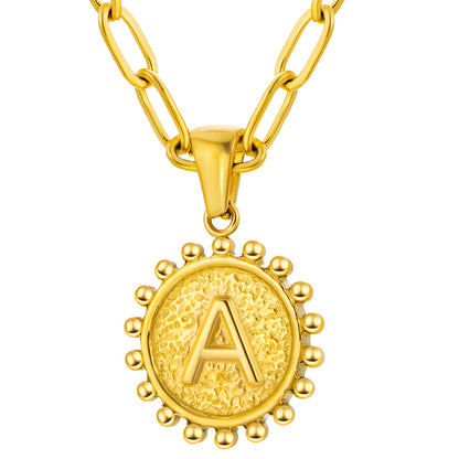 Initial Necklace for Women, Round Coin Letter Pendant, Textured Medallion Charm, Paperclip Chain Jewelry for Daily Wear