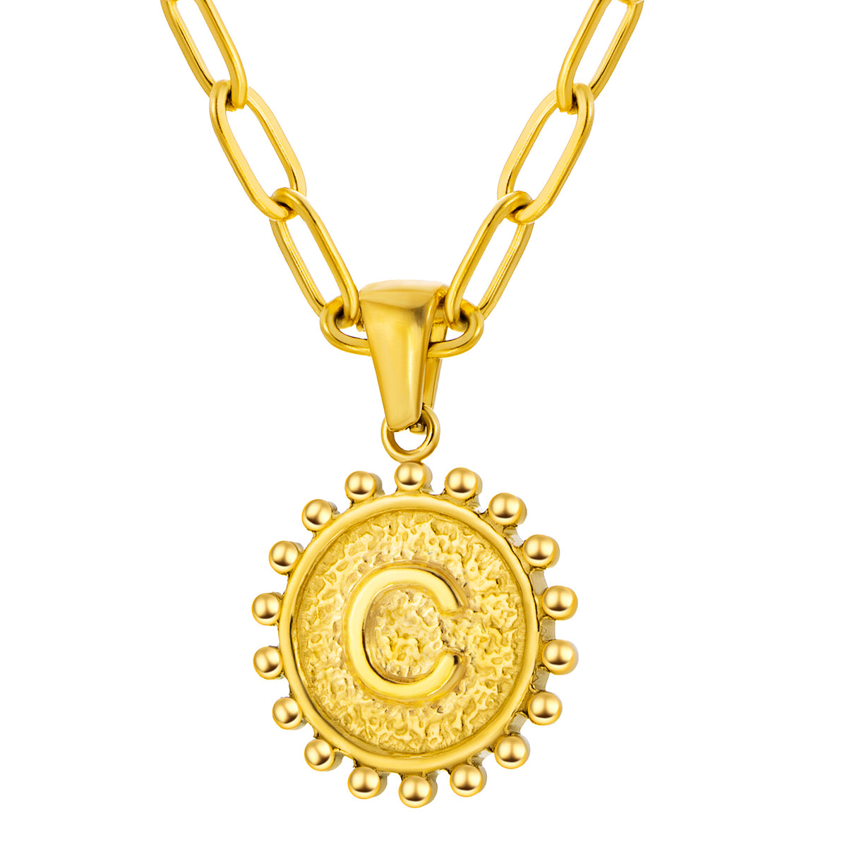 Initial Necklace for Women, Round Coin Letter Pendant, Textured Medallion Charm, Paperclip Chain Jewelry for Daily Wear