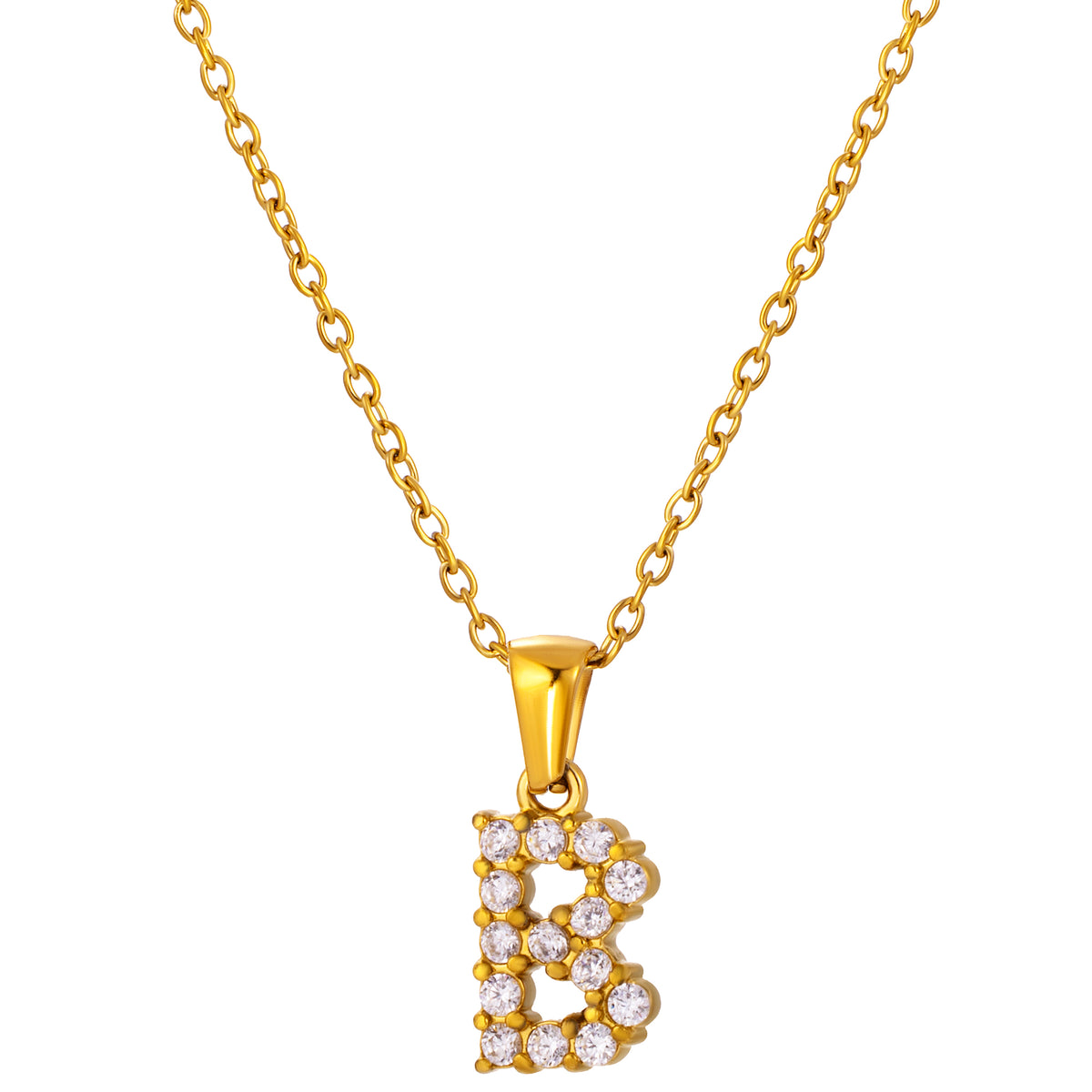 Stainless Steel Initial Necklace for Men and Women, Gold Tone Rhinestone Letter Pendant, A to Z Alphabet Jewelry, 21 x 13 mm
