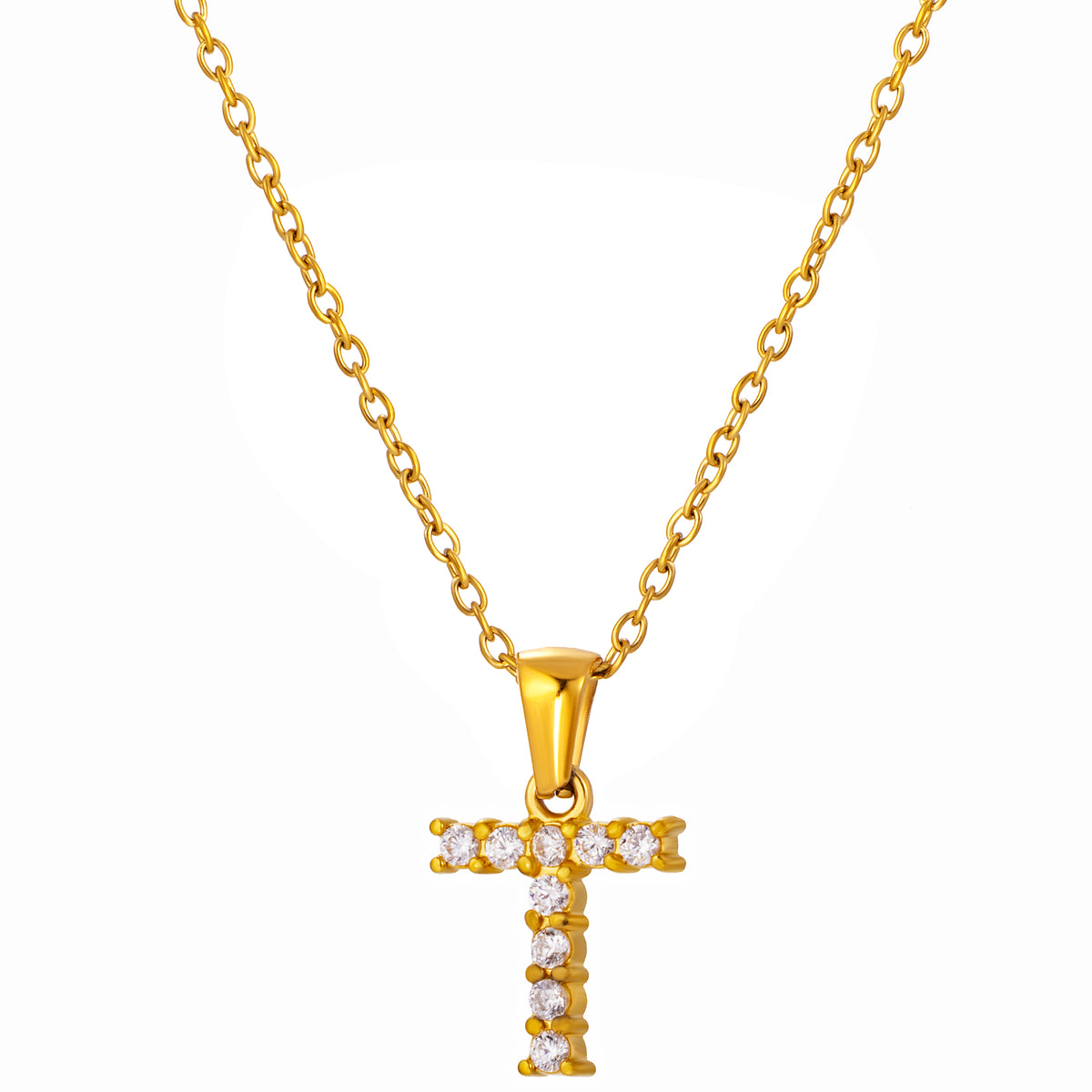 Stainless Steel Initial Necklace for Men and Women, Gold Tone Rhinestone Letter Pendant, A to Z Alphabet Jewelry, 21 x 13 mm