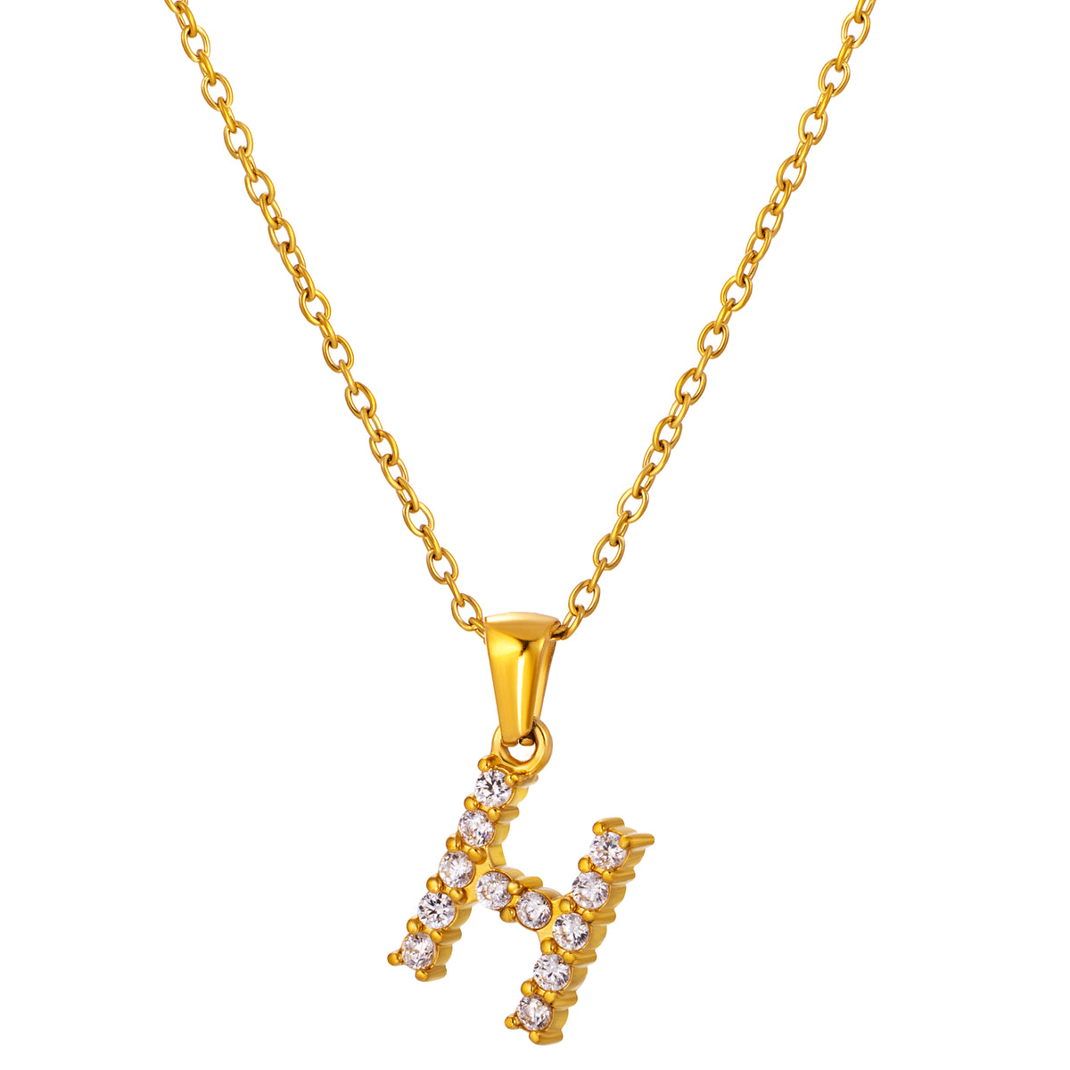 Stainless Steel Initial Necklace for Men and Women, Gold Tone Rhinestone Letter Pendant, A to Z Alphabet Jewelry, 21 x 13 mm