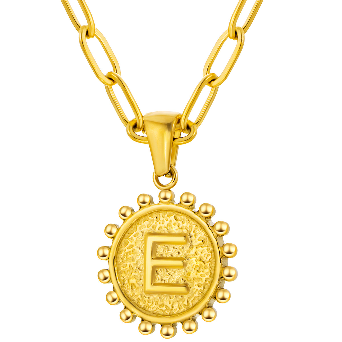 Initial Necklace for Women, Round Coin Letter Pendant, Textured Medallion Charm, Paperclip Chain Jewelry for Daily Wear
