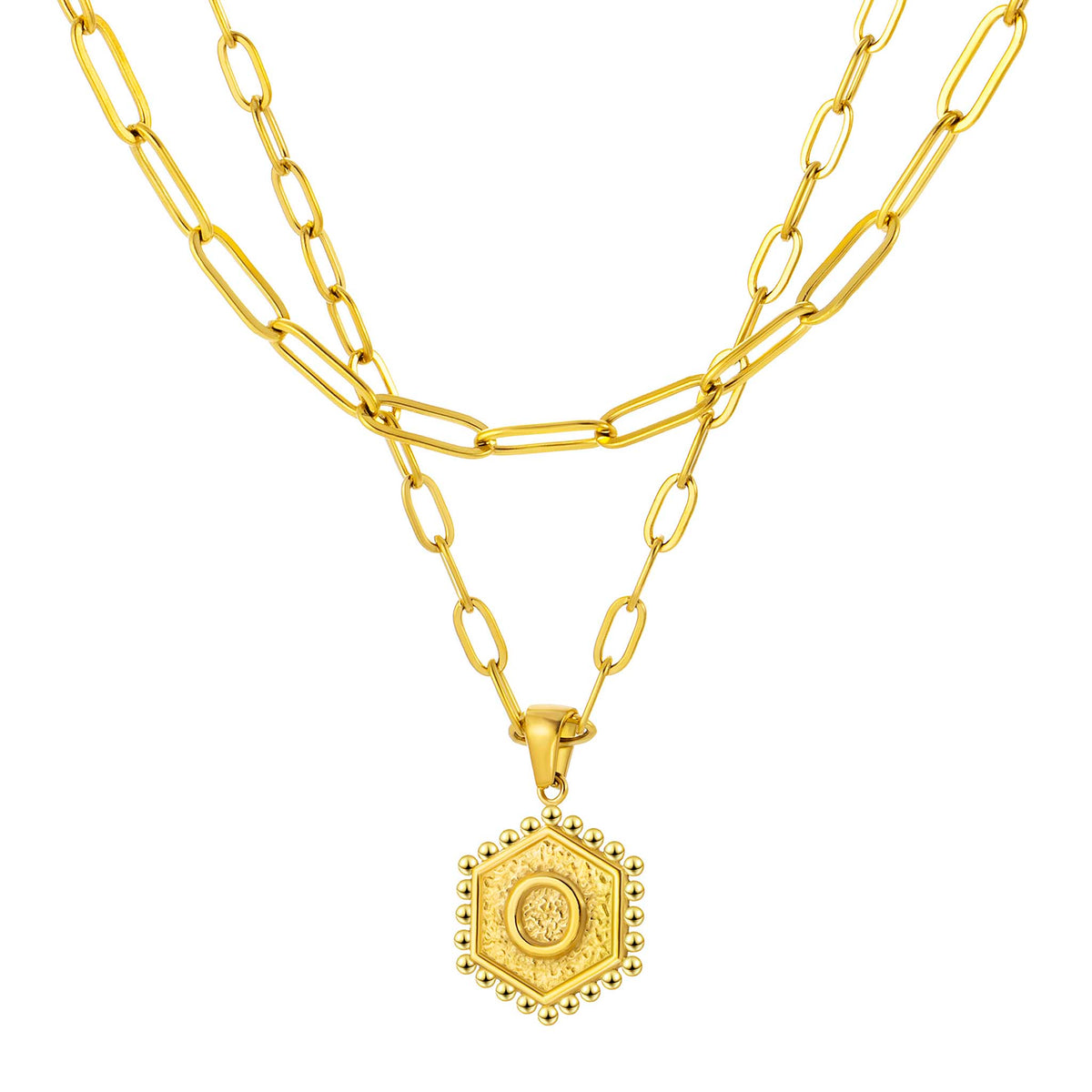 Initial Necklace for Women, Hexagon Letter Pendant, Paperclip Chain, Alphabet A to Z, Geometric Charm Jewelry