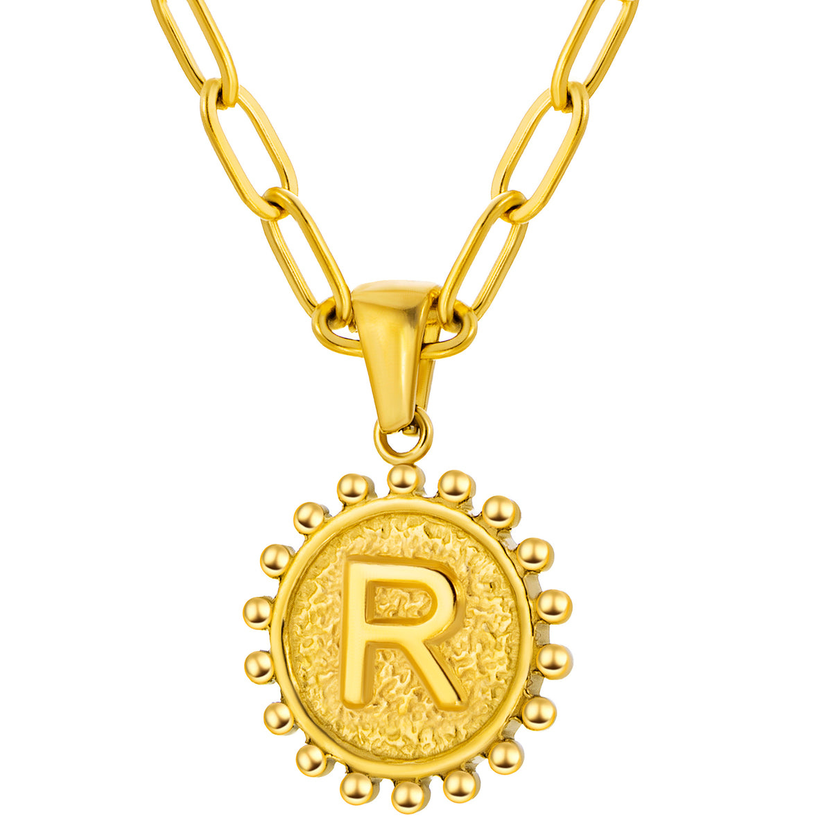Initial Necklace for Women, Round Coin Letter Pendant, Textured Medallion Charm, Paperclip Chain Jewelry for Daily Wear