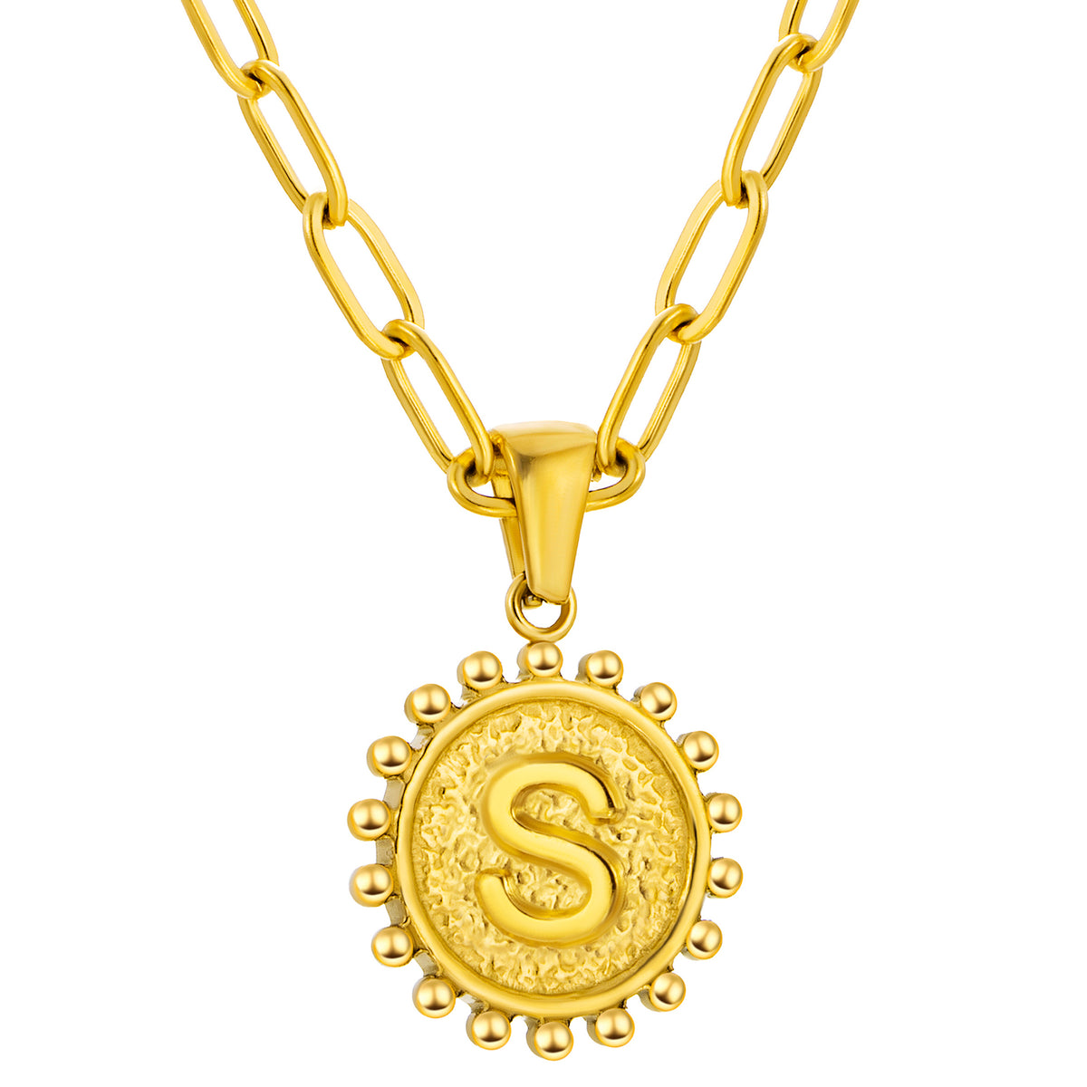 Initial Necklace for Women, Round Coin Letter Pendant, Textured Medallion Charm, Paperclip Chain Jewelry for Daily Wear