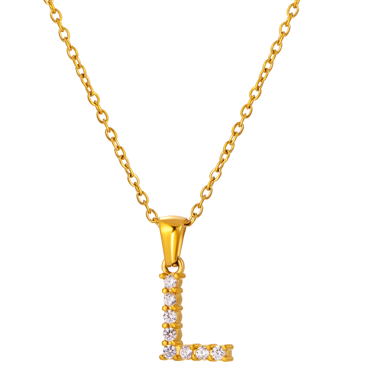 Stainless Steel Initial Necklace for Men and Women, Gold Tone Rhinestone Letter Pendant, A to Z Alphabet Jewelry, 21 x 13 mm