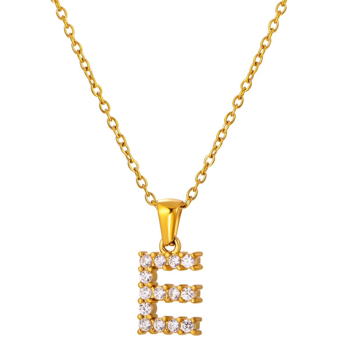 Stainless Steel Initial Necklace for Men and Women, Gold Tone Rhinestone Letter Pendant, A to Z Alphabet Jewelry, 21 x 13 mm