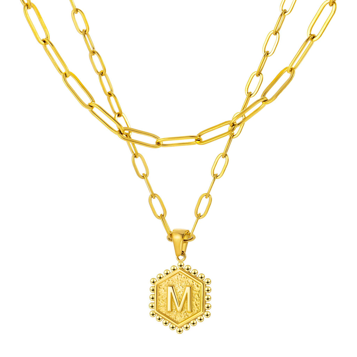 Initial Necklace for Women, Hexagon Letter Pendant, Paperclip Chain, Alphabet A to Z, Geometric Charm Jewelry