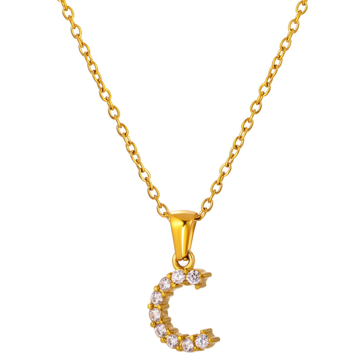 Stainless Steel Initial Necklace for Men and Women, Gold Tone Rhinestone Letter Pendant, A to Z Alphabet Jewelry, 21 x 13 mm