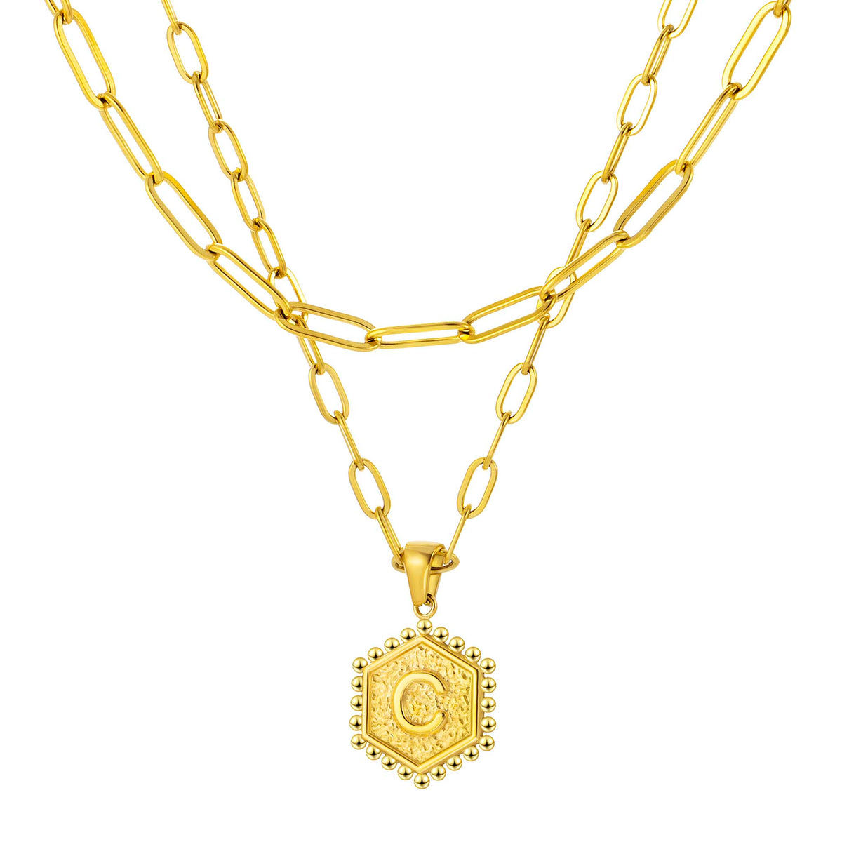Initial Necklace for Women, Hexagon Letter Pendant, Paperclip Chain, Alphabet A to Z, Geometric Charm Jewelry