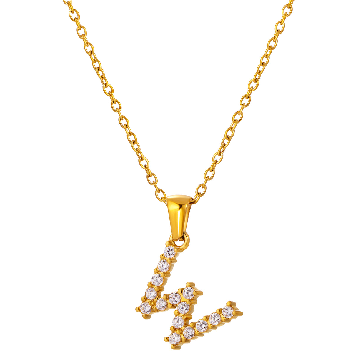 Stainless Steel Initial Necklace for Men and Women, Gold Tone Rhinestone Letter Pendant, A to Z Alphabet Jewelry, 21 x 13 mm