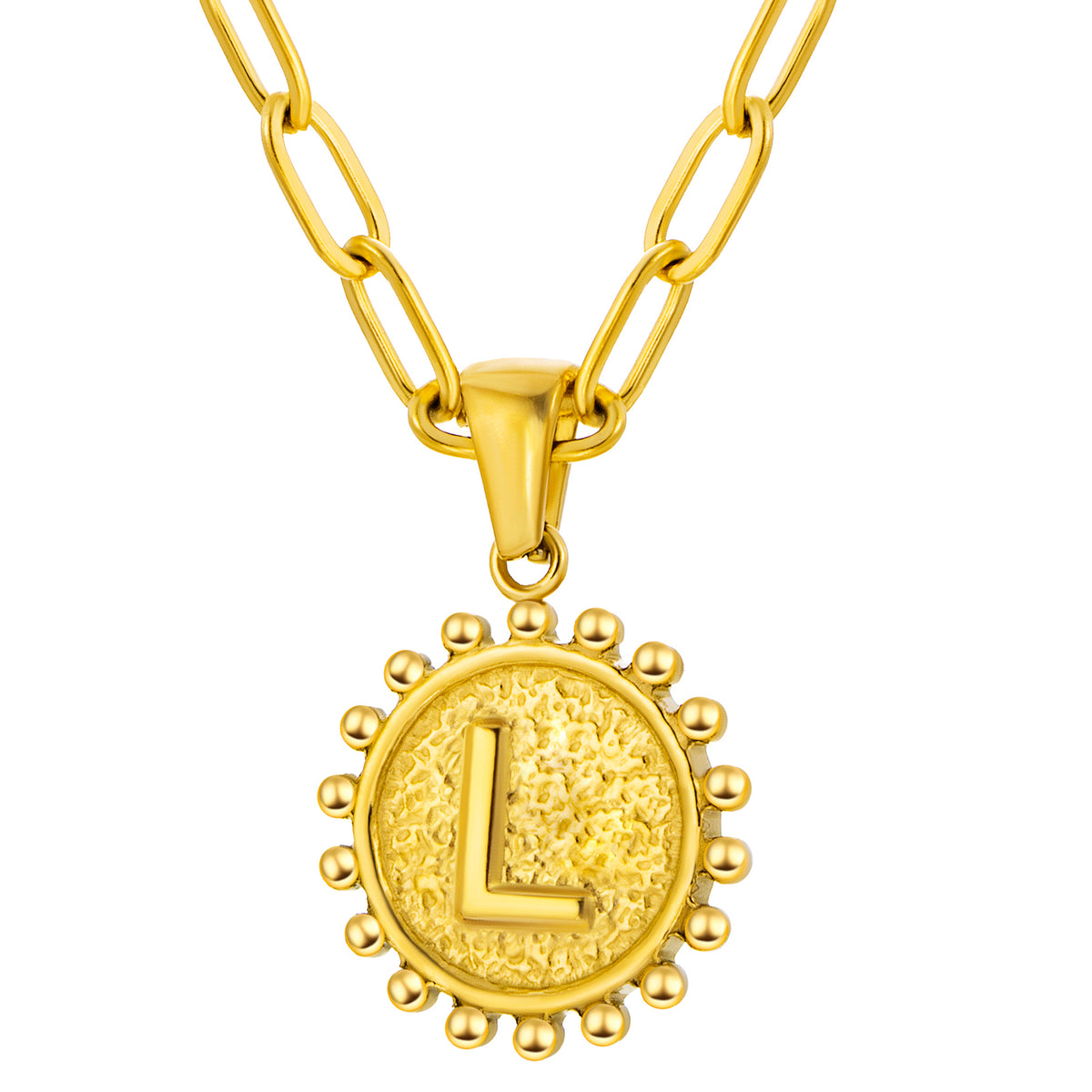 Initial Necklace for Women, Round Coin Letter Pendant, Textured Medallion Charm, Paperclip Chain Jewelry for Daily Wear