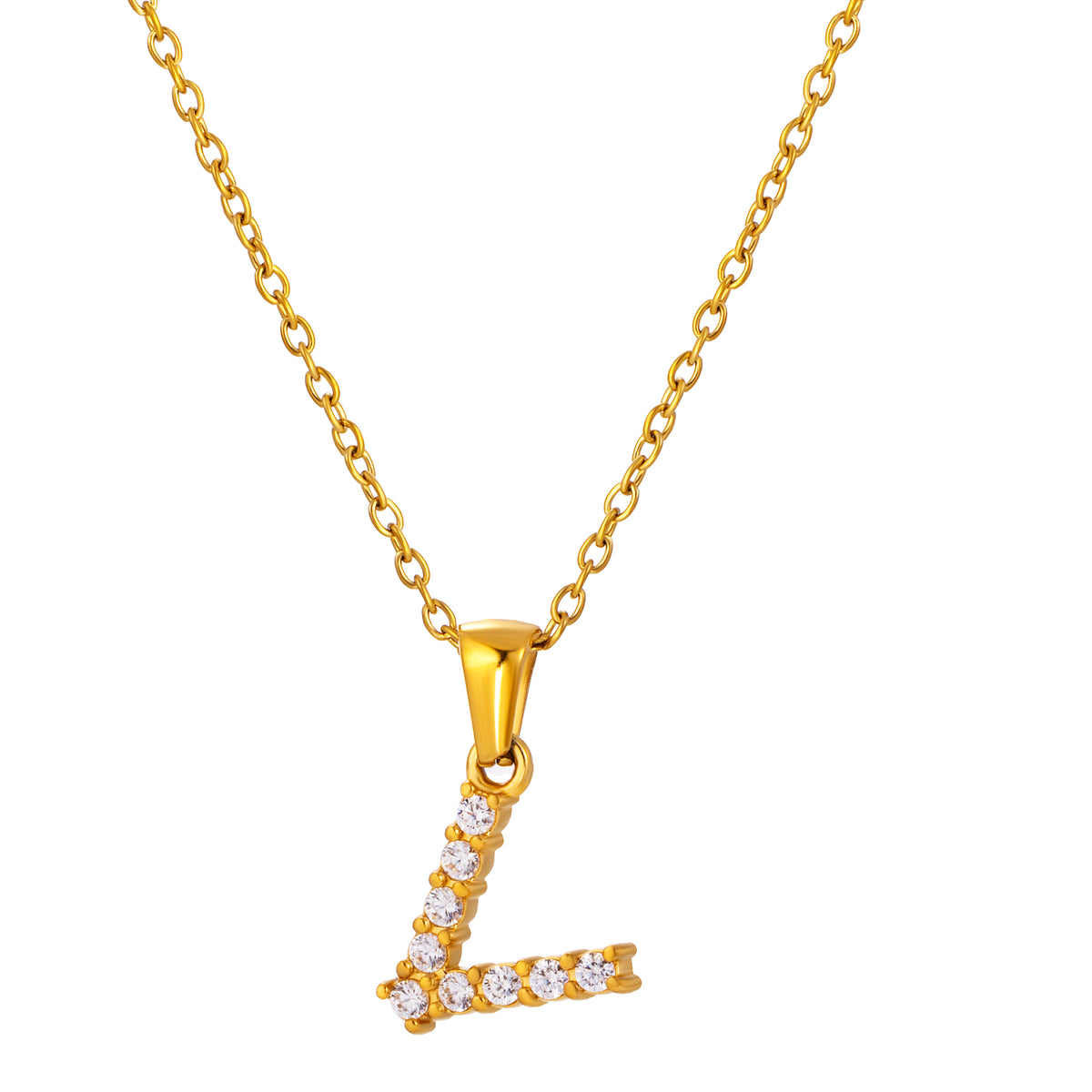 Stainless Steel Initial Necklace for Men and Women, Gold Tone Rhinestone Letter Pendant, A to Z Alphabet Jewelry, 21 x 13 mm
