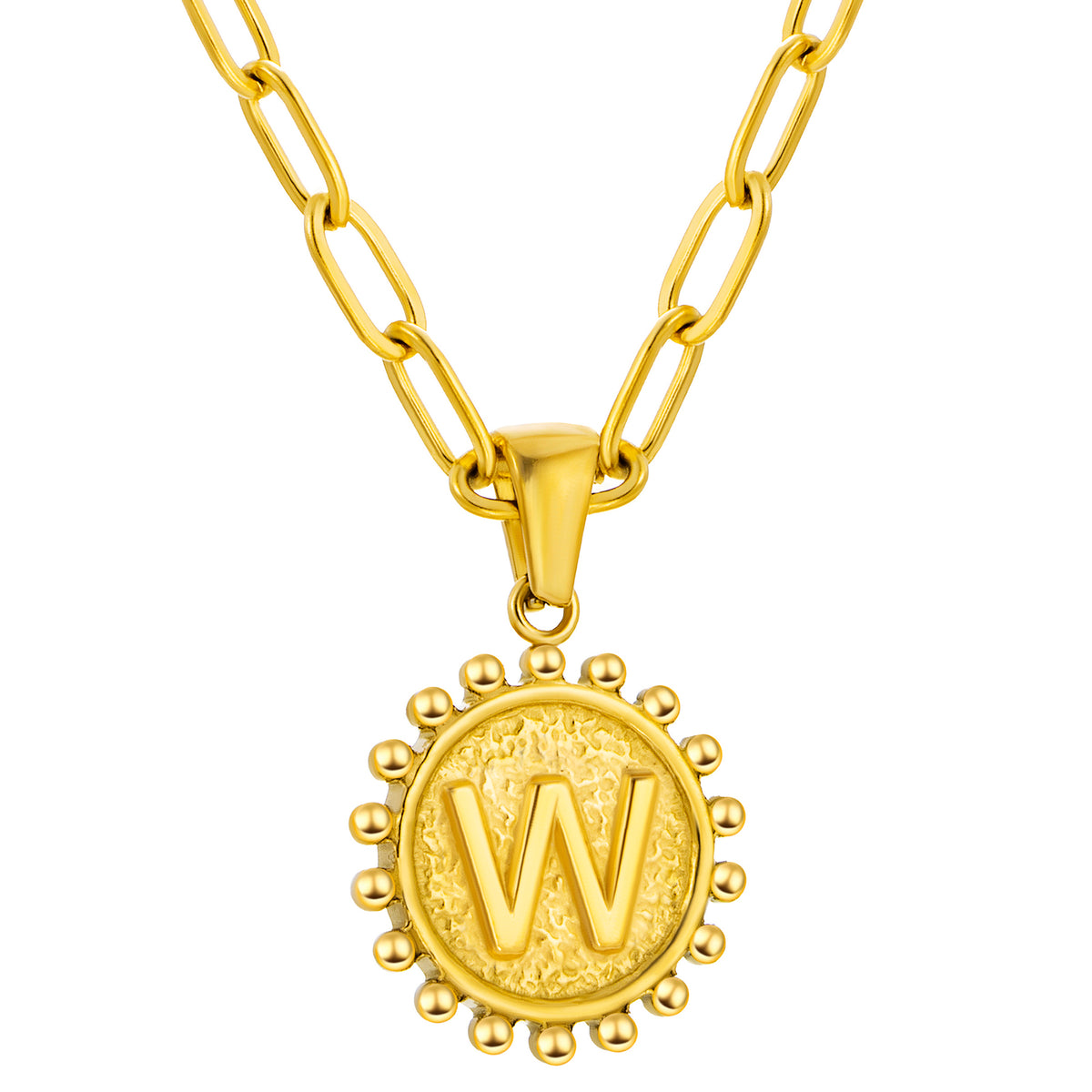 Initial Necklace for Women, Round Coin Letter Pendant, Textured Medallion Charm, Paperclip Chain Jewelry for Daily Wear